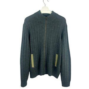 Orvis Cardigan Sweater Men Medium Gray 100% Merino Wool Elbow Patches Zipper
